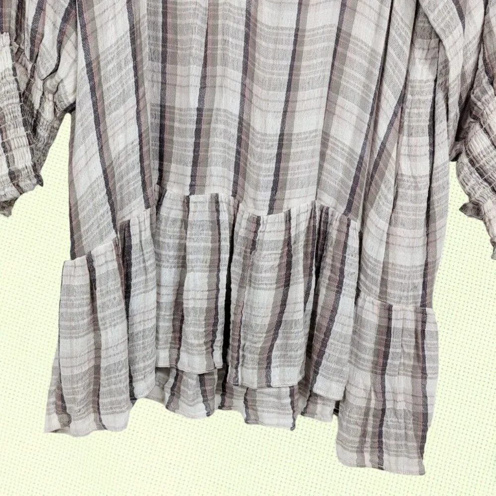FREE PEOPLE Tunic Mini Dress XS‎ Beige Plaid Red Moon Cotton Blend Gauze Cottage